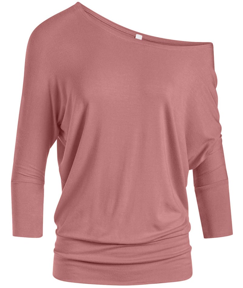 Simlu Dolman Tops for Women Off The Shoulder Tops Banded Waistband Shirts 3/4 Sleeves Regular and Plus Size Tops (Size Medium, Mauve) - Image 1
